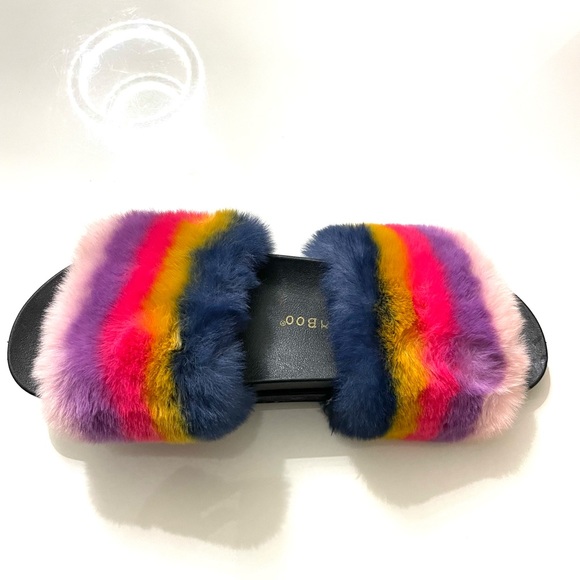 Colorful Rainbow Furry Vegan Slide Sandal Slippers Women's Flat Size 6 - Picture 5 of 8